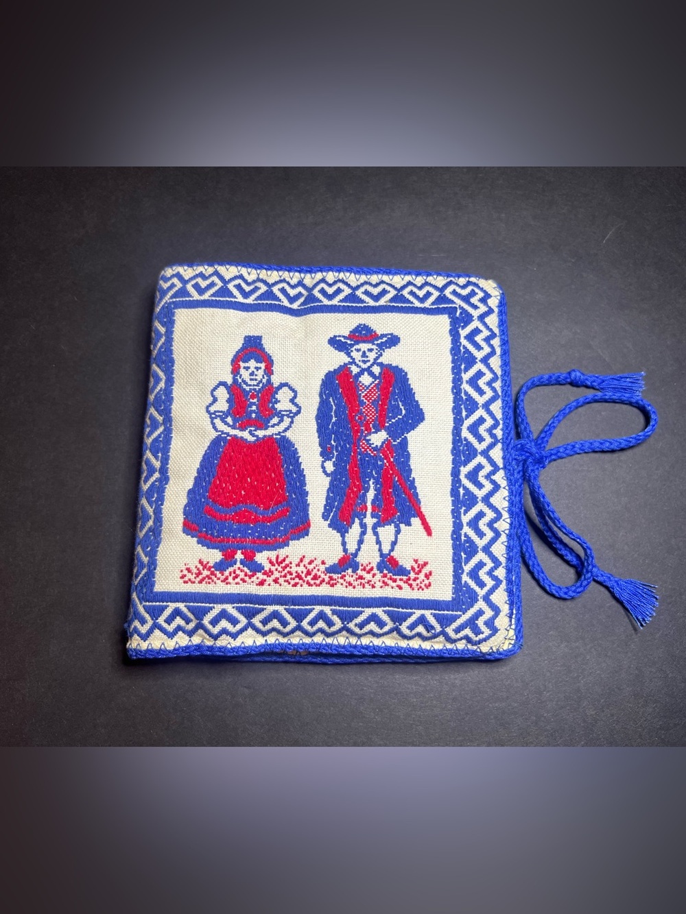 Vintage MCM Blue & Red Embroidered Geometric Austrian Folk Art Needle Pouch Book